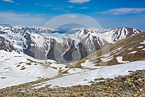 Snow-capped peaks of the Caucasus Mountains. Karachay-Cherkessia, Russia