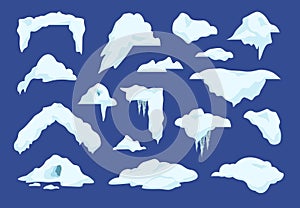 Snow caps. Cartoon winter decoration elements with snowballs and icicles, frozen clouds and snow piles. Vector Christmas