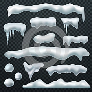 Snow caps. Ice cap with shadow, snowdrifts and icicles. Winter season christmas and new year realistic 3d isolated