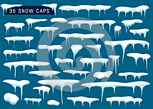 35 snow caps with ice. Snow with icicles and snow drifts collection. Set of snowy frames for decoration. Piles with icy texture