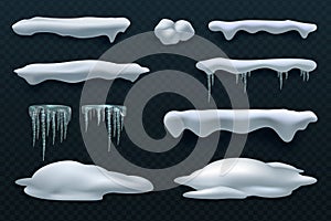 Snow caps and icicles. Snowball and snowdrift vector winter decorations isolated
