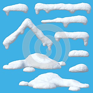 Snow caps set, icicles, snowballs and snowdrifts isolated on blue background 3d rendering