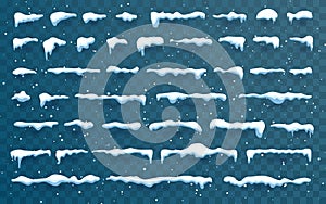 Snow caps, snowballs and snowdrifts set. Snow cap vector collection. Winter decoration element. Snowy elements on winter