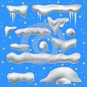 Snow caps. Snowballs and snowdrifts, snowfall and snowflakes, snowcap, snowy frame and icy christmas holiday decoration