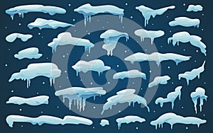 Snow caps, snowy ice, frozen icicles, snowflakes