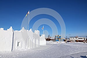 Snow castle and houseboats in Yellowknife, Northwest Territories, Canada