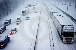Snow chaos with snow-covered cars and trucks on a highway