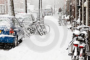 Snow in the city - snowstorm, streetview, bikes