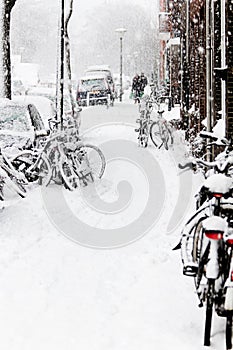 Snow in the city - snowstorm, streetview, bikes