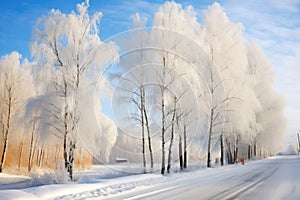 snow-clad birch trees along a country road