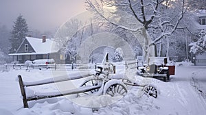 A Snow-Clad Landscape Captures an Old American Town House and Vintage Cars in a Stunning Winter Scene