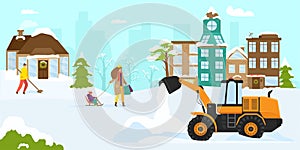 Snow clearance machine equipment, vector illustration. Transport cleaning street from snow, snow plow truck for removal