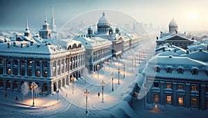 Snow-Cloaked Heritage: AI-Generated Historic Cityscape Blanketed in Winter\'s Embrace