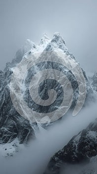 Snow cloaked mountain stands tall beneath a moody, overcast sky