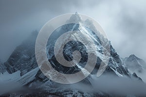 Snow cloaked mountain stands tall beneath a moody, overcast sky photo