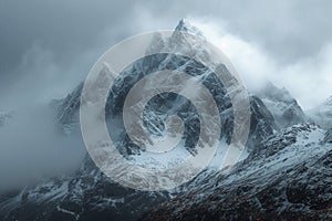 Snow cloaked mountain stands tall beneath a moody, overcast sky photo