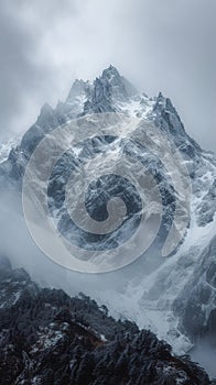 Snow cloaked mountain stands tall beneath a moody, overcast sky photo