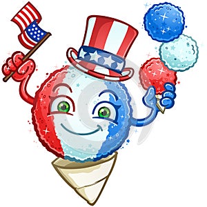 Snow cone cartoon in american red white and blue wearing an uncle sam hat and holding the usa flag