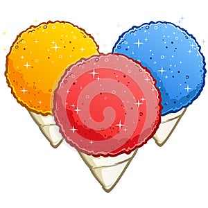 Snow cones red cherry, blue raspberry and yellow lemon cartoon illustrations