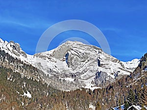 Snow cover on the alpine peak Stoss in Alpstein mountain range and in Appenzell Alps massif, Unterwasser - Switzerland