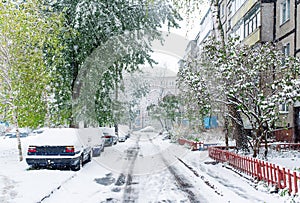 Snow coverd street in Gomel, Belarus.