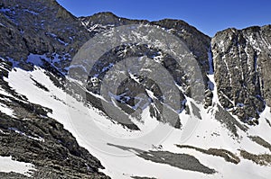 Snow covered alpine landscape on Colorado 14er Little Bear Peak