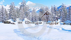 Snow covered alpine mountain house at winter day