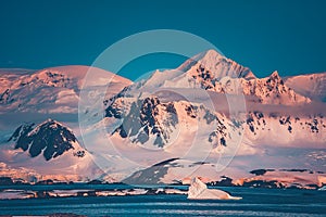 The snow-covered Antarctic mountain range.