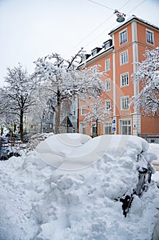 A snow-covered avenue and parked cars on a snow-covered street