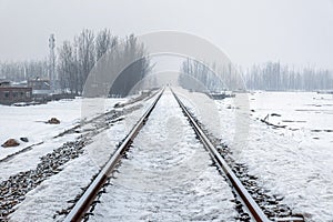 Snow covered Banihal â€“ Baramulla train track after receiving seasons heavy snowfall