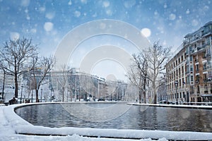 Snow covered Bassin de la Villette in Paris