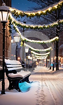 A Snow-Covered Bench Adorned With Garlands And Lights, Under The Soft Glow Of Streetlights. Generative AI photo