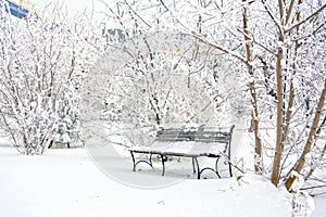 Snow covered bench in a deserted park. Winter. Russia