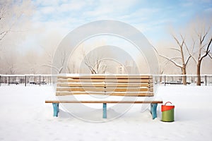 snow-covered bench, a lone path of boot prints