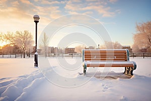 snow-covered bench, a lone path of boot prints