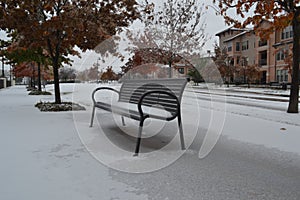 Snow covered bench in the park on a winter day