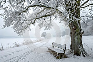 Snow-covered bench under snowy tree in winter photo