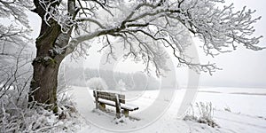 Snow-covered bench under snowy tree in winter photo