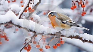 Snow-covered Bird On Branch With Red Berries