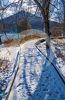 Snow Covered Boardwalk by a Mountain Lake