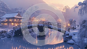 Snow-Covered Bridge and House in a Wintery Forest