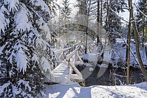 Snow-covered bridge in a mountain forest. Around Oravice. Slovakia