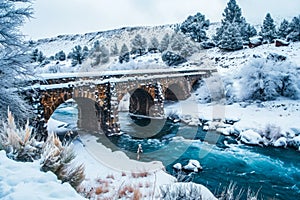 snow-covered bridge over a river