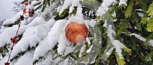 Snow-covered bright and multi-colored Christmas tree decorations on a snowy New Year tree