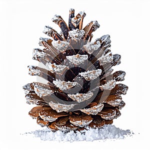 Snow Covered Brown Pine Cone on White Background in Winter Season