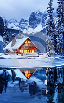 Snow-Covered Cabin By a Frozen Lake in a Mountainous Winter Landscape at Dusk