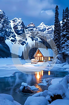 Snow-Covered Cabin By a Frozen Lake in a Mountainous Winter Landscape at Dusk