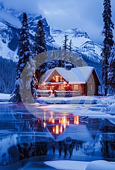 Snow-Covered Cabin By a Frozen Lake in a Mountainous Winter Landscape at Dusk