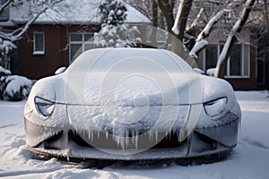 snow-covered car hood with warming engine beneath
