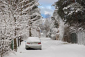 Snow-covered car parked on a snowy road near a line of trees.